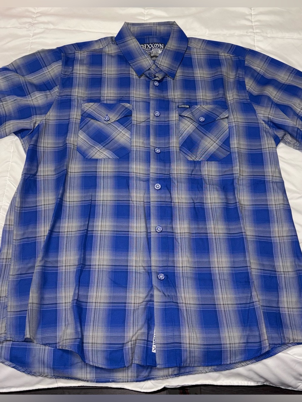 DIXXON Ocean Blvd BAMBOO Blue and White Plaid Short-Sleeve Button-Up Shirt XL